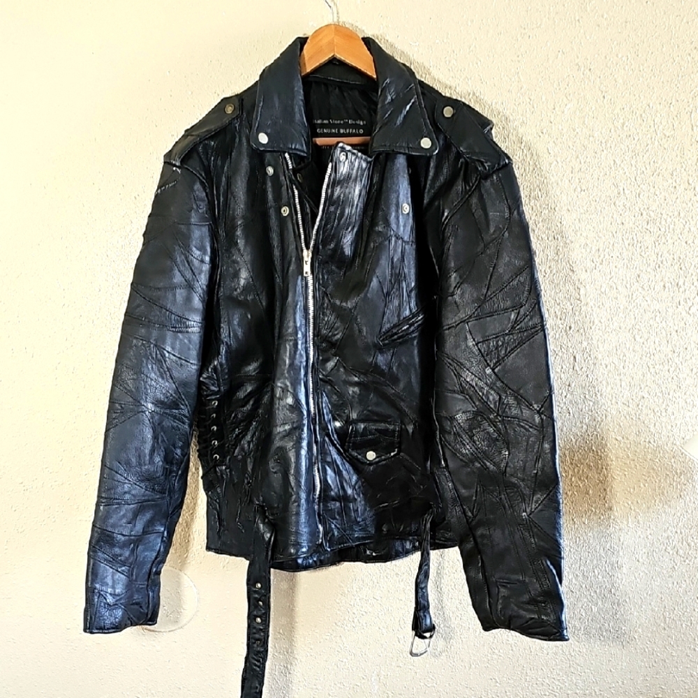 Vintage Italian Stone Desing Genuine Buffalo Motorcycle Leather Jacket.